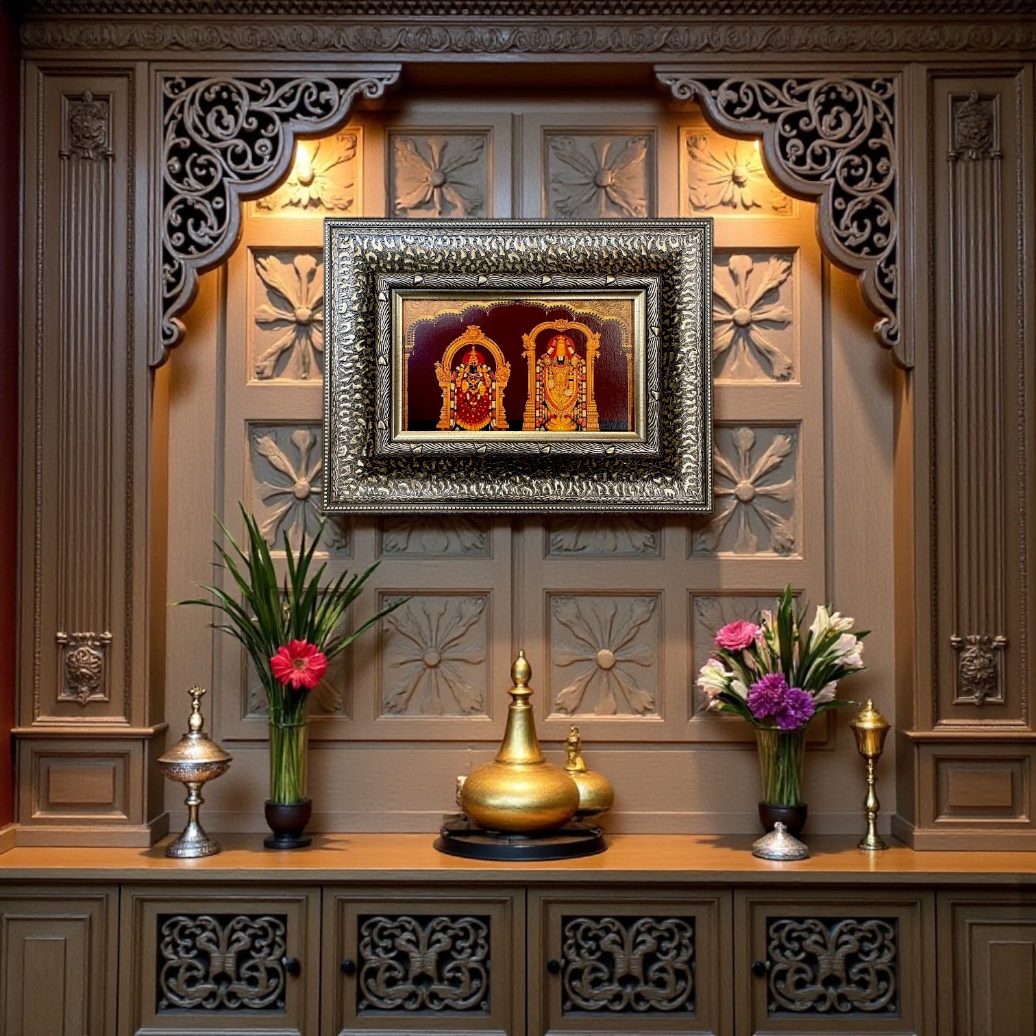 Silver Molded Lord Venkateshwara with Padmavati Wall Art Frame – Contemporary Spiritual Decor