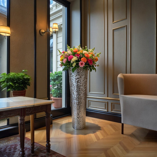 Elegant Mild Steel Flower Vase with Textured Design | Luxury Metal Home Décor