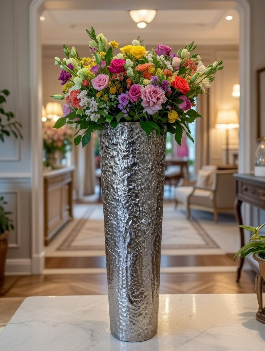 Elegant Mild Steel Flower Vase with Textured Design | Luxury Metal Home Décor