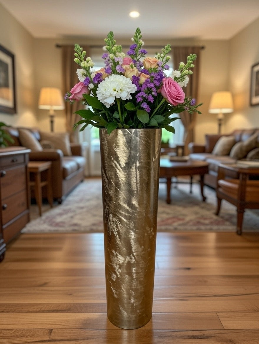 Elegant Gold looking Mild Steel Flower Vase with Textured Finish | Modern Metal Home Décor
