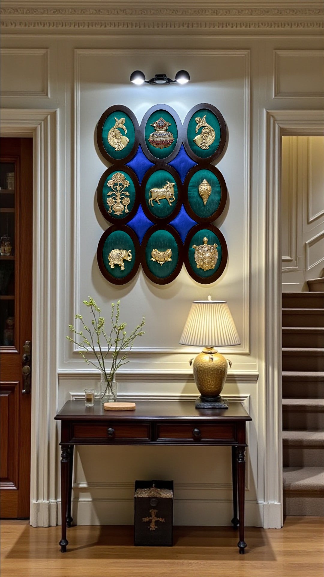 9 Brass  Auspicious Symbols On Green Silk Wall Art Set.