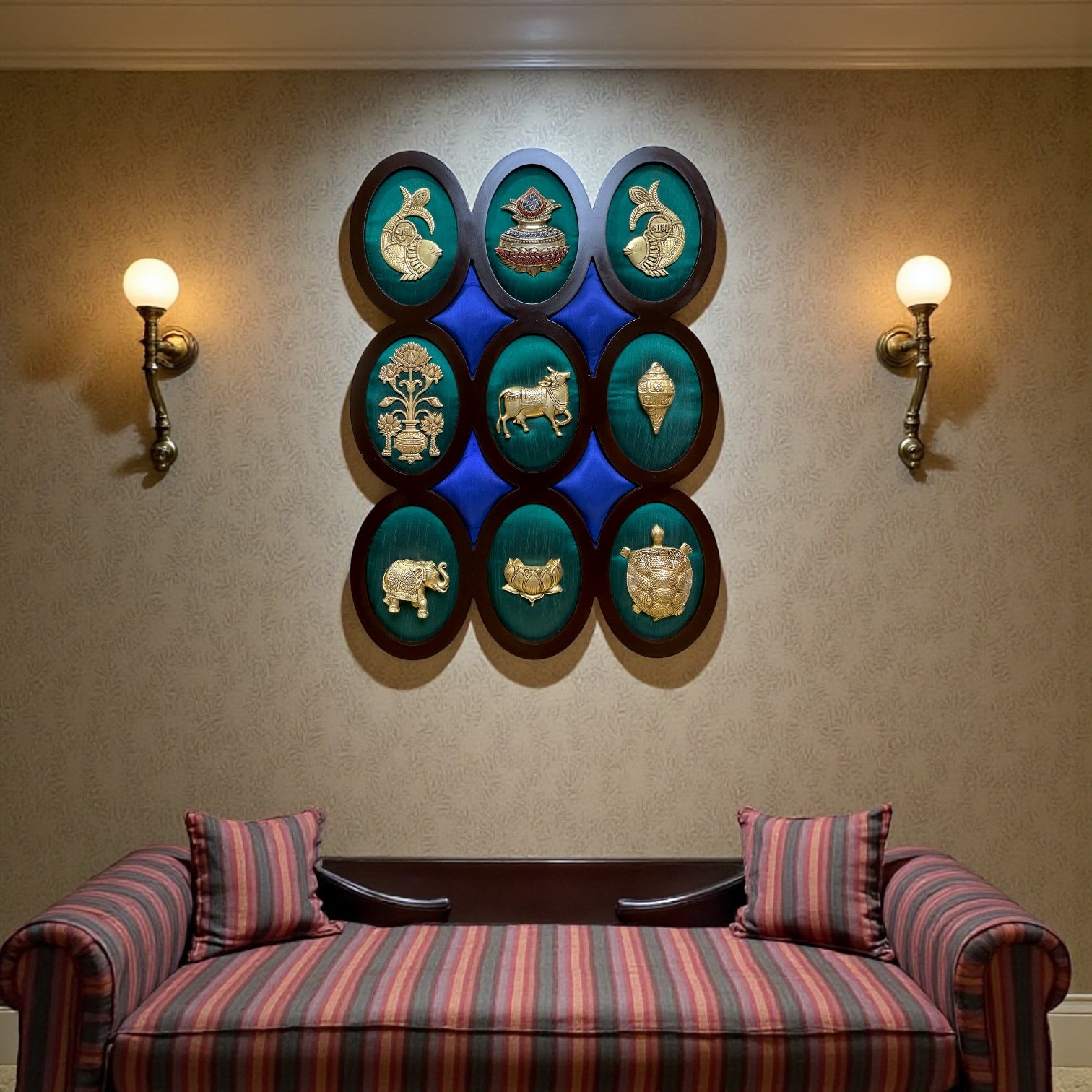 9 Brass  Auspicious Symbols On Green Silk Wall Art Set.