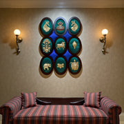 9 Brass  Auspicious Symbols On Green Silk Wall Art Set.