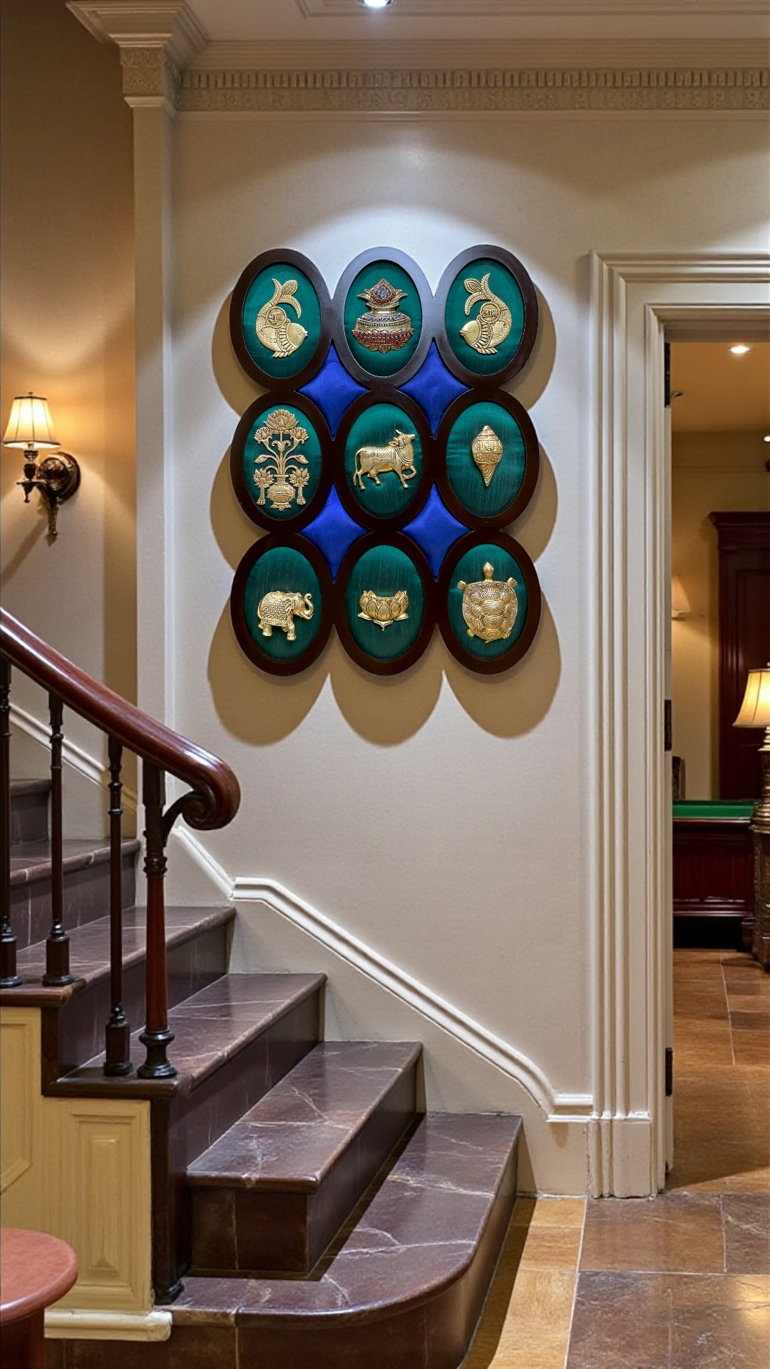 9 Brass  Auspicious Symbols On Green Silk Wall Art Set.