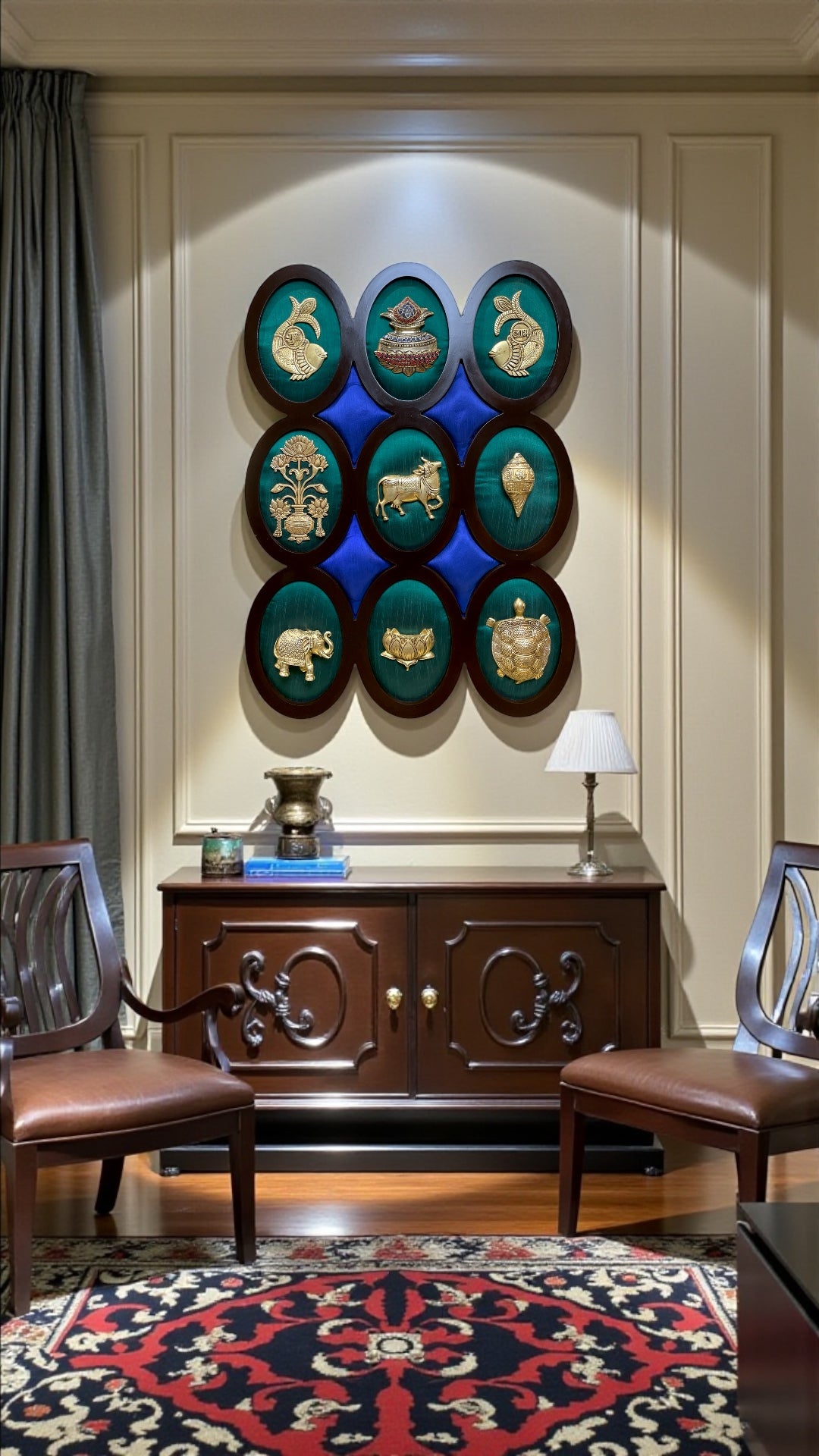 9 Brass  Auspicious Symbols On Green Silk Wall Art Set.