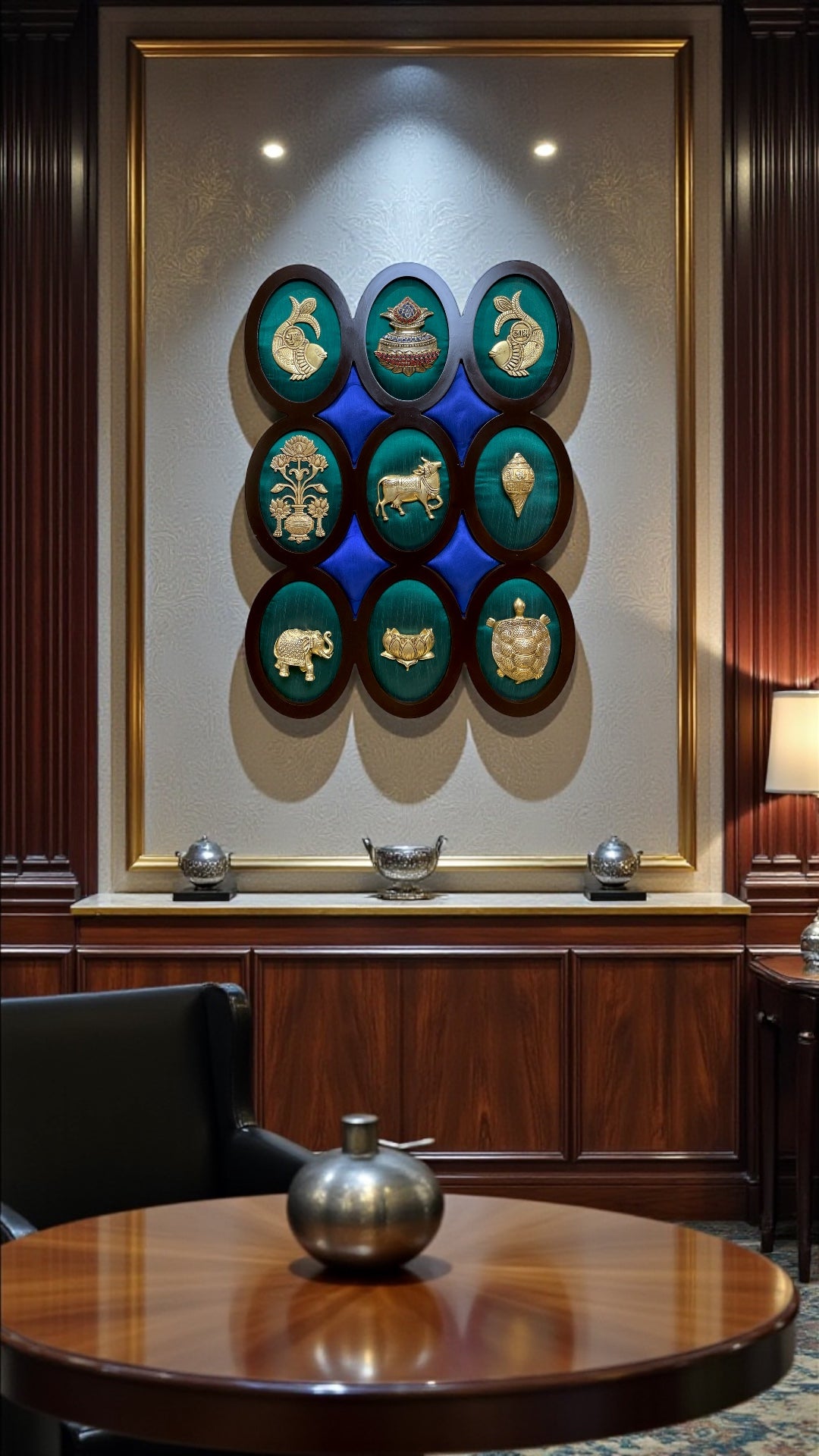 9 Brass  Auspicious Symbols On Green Silk Wall Art Set.