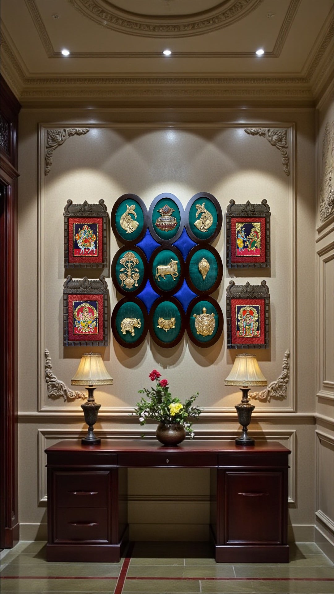 Brass & Tanjore Wall Art Combo Frame – Luxury Traditional Divine Decor