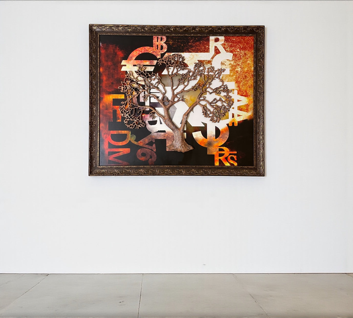 Metal Kalpavriksha with All the world Currency Backdrop in Moulded Frame