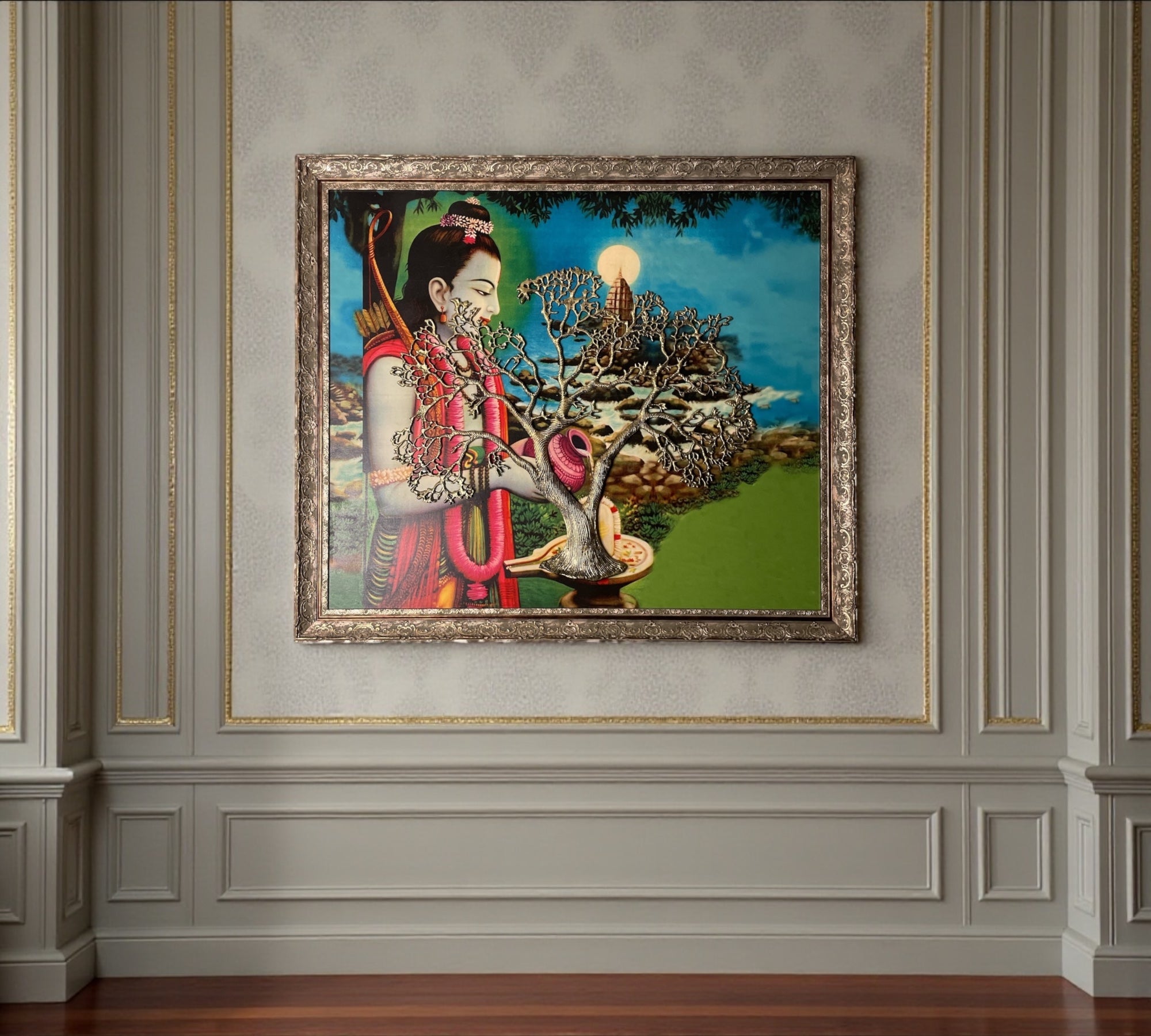 Metal Kalpavriksha Gold Color with Shri Ram Backdrop in Moulded Frame