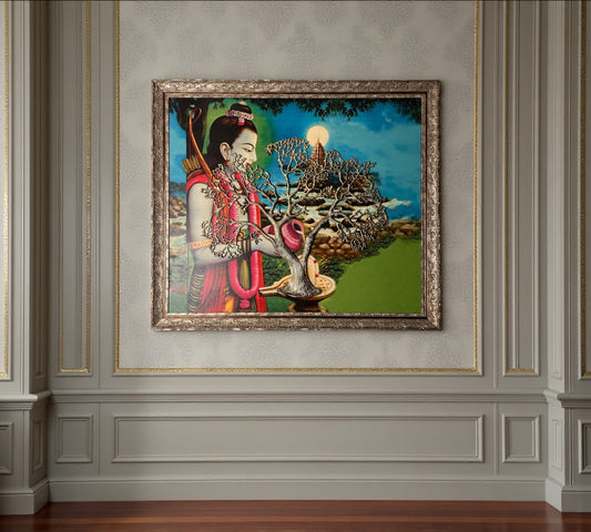 Metal Kalpavriksha Gold Color with Shri Ram Backdrop in Moulded Frame