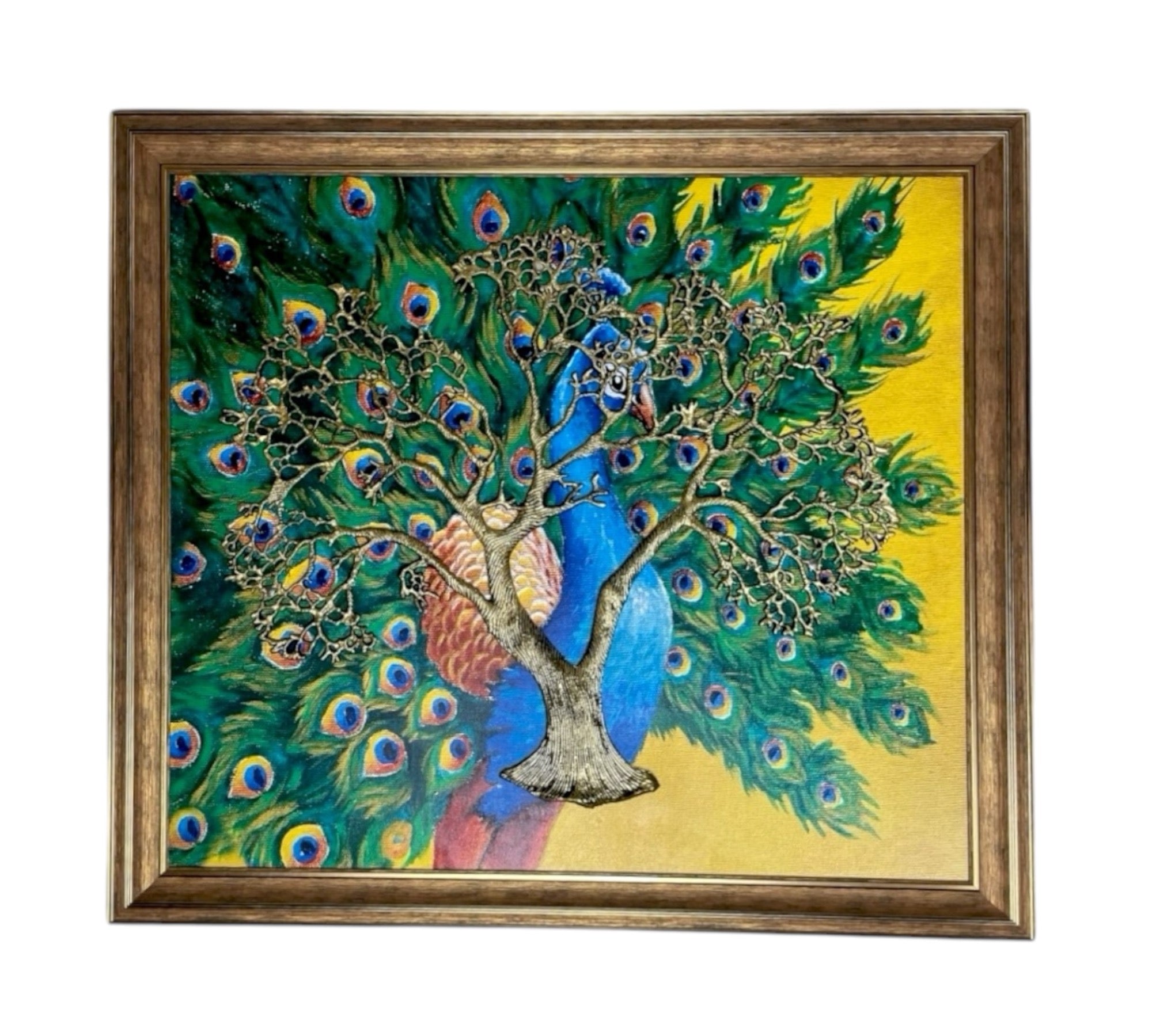 Metal Kalpavriksha Gold color with Peacock Backdrop in moulded Frame