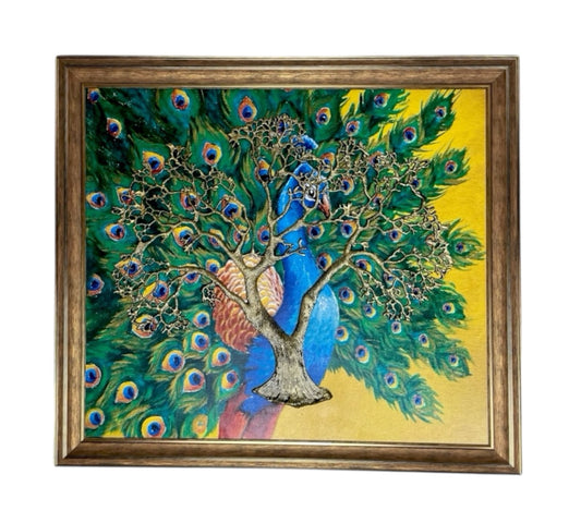 Matal Kaplavriksha Gold color with Peacock Backdrop in moulded Frame