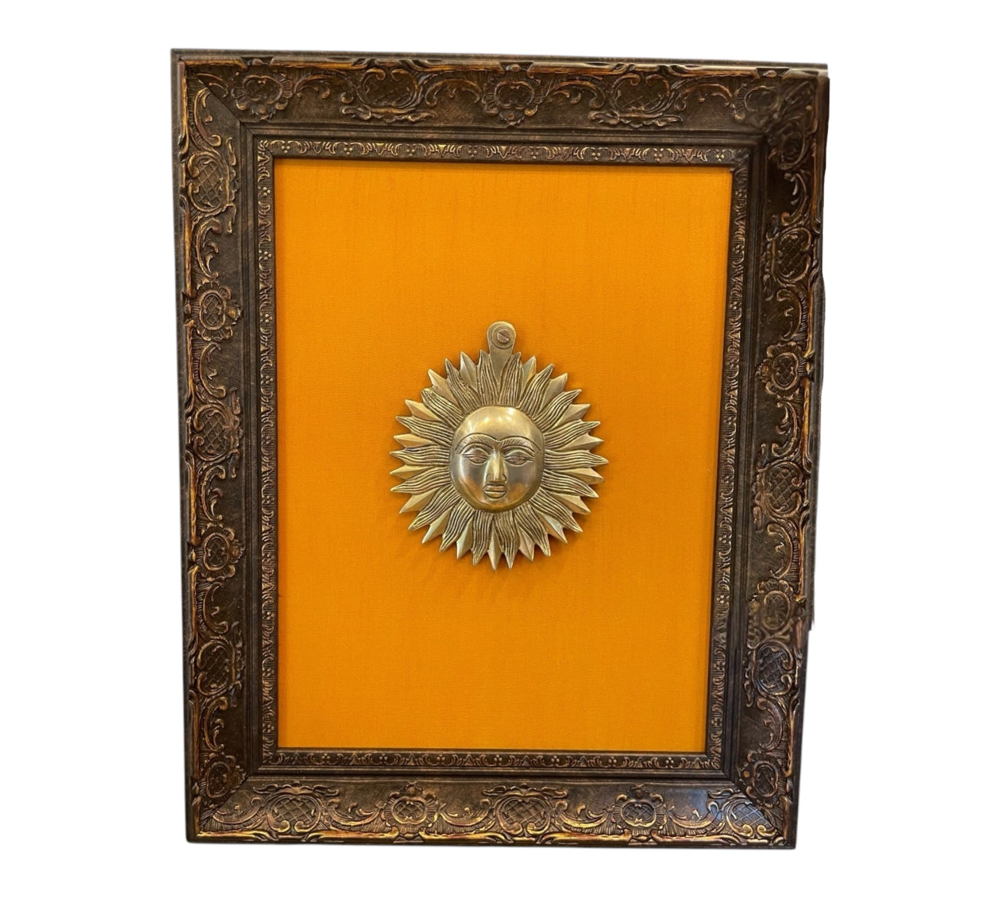 Brass Sun with Yellow silk Backdrop in Moulded Frame