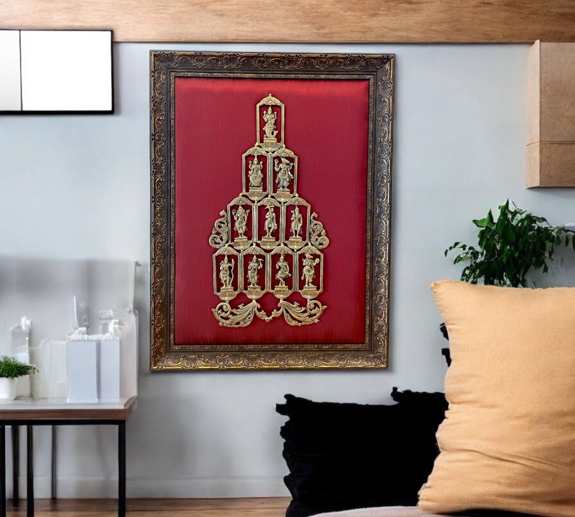 Brass Dasavatharam with Red Cushion Silk in Moulded frame