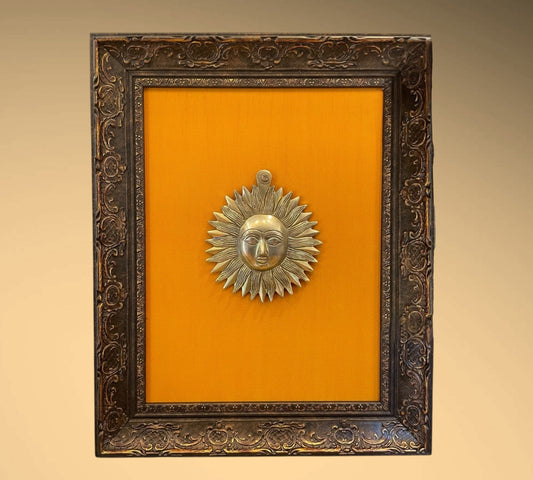 Brass Sun with Yellow silk Backdrop in Moulded Frame