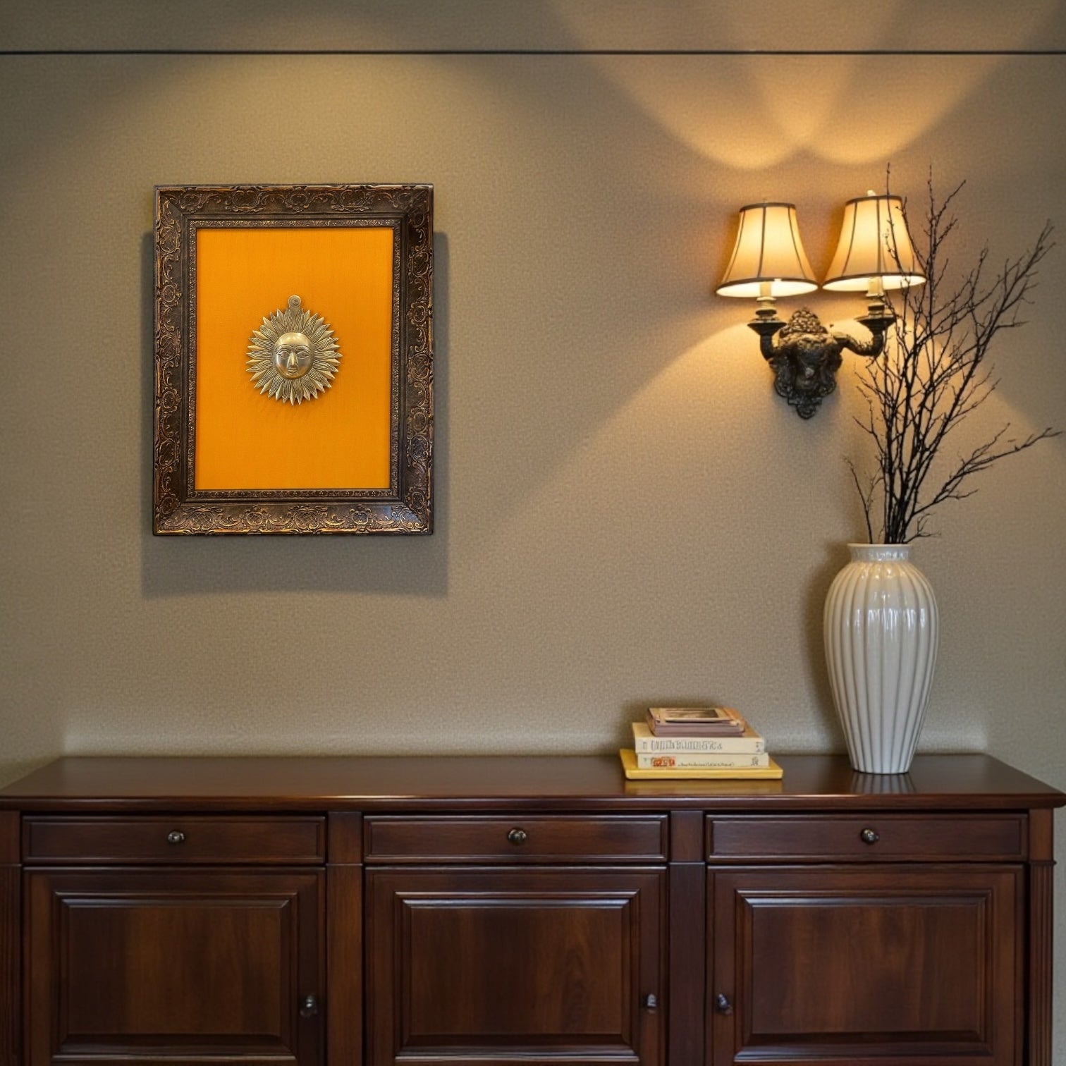 Brass Sun with Golden silk Backdrop in Moulded Frame