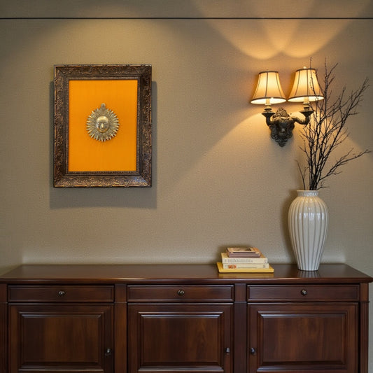 Brass Sun with Golden silk Backdrop in Moulded Frame