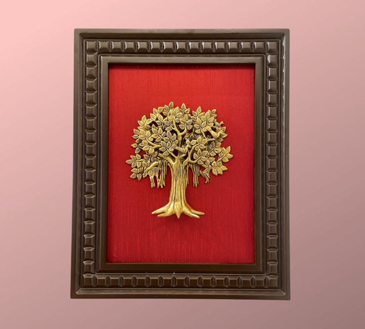 Brass Kalpavriksha with Red silk Backdrop in Wooden frame