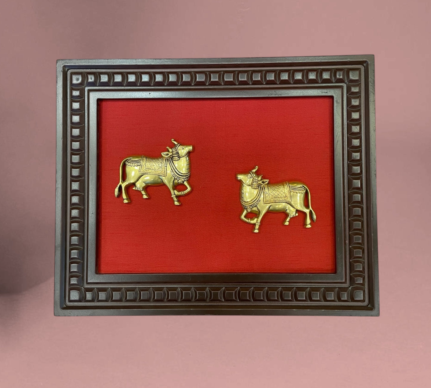 Brass Kamadhenu with wine Red Backdrop in wooden frame