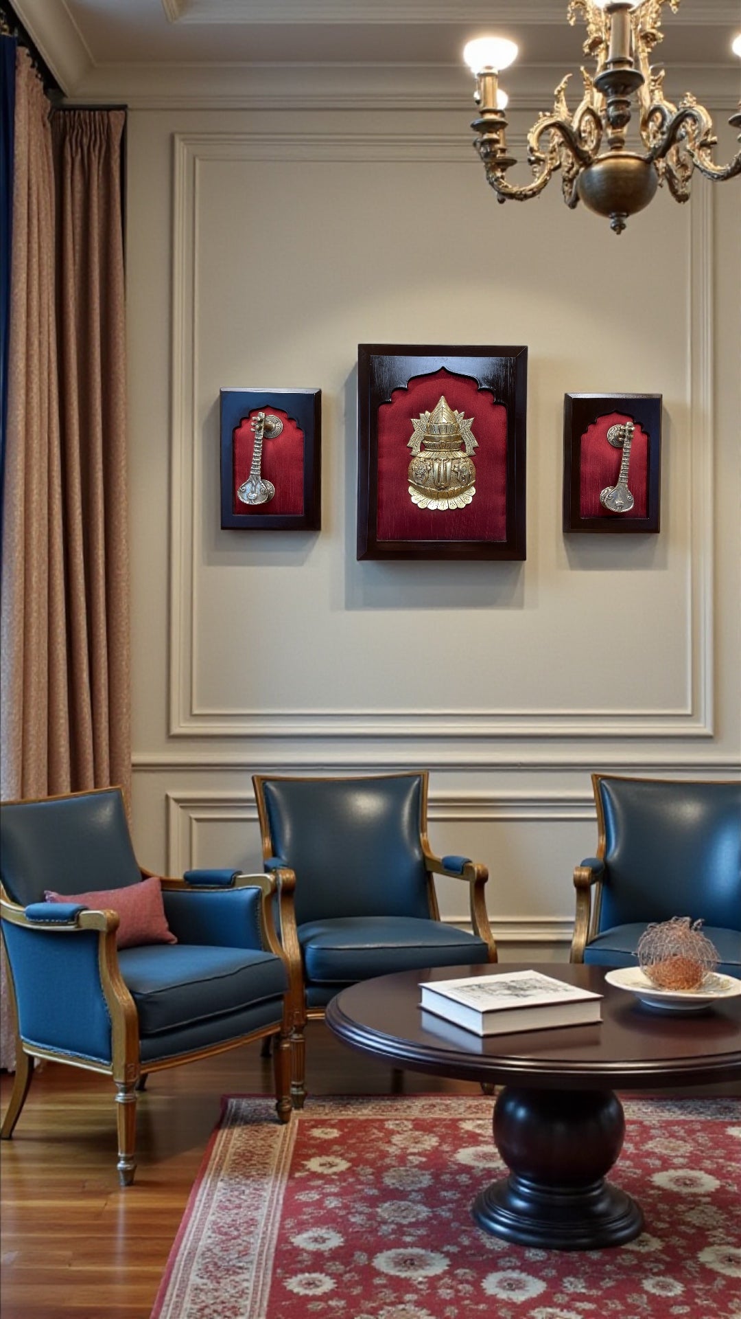 Brass Kalash with Twin Veena on Red Silk Backdrop – Auspicious Wall Frame