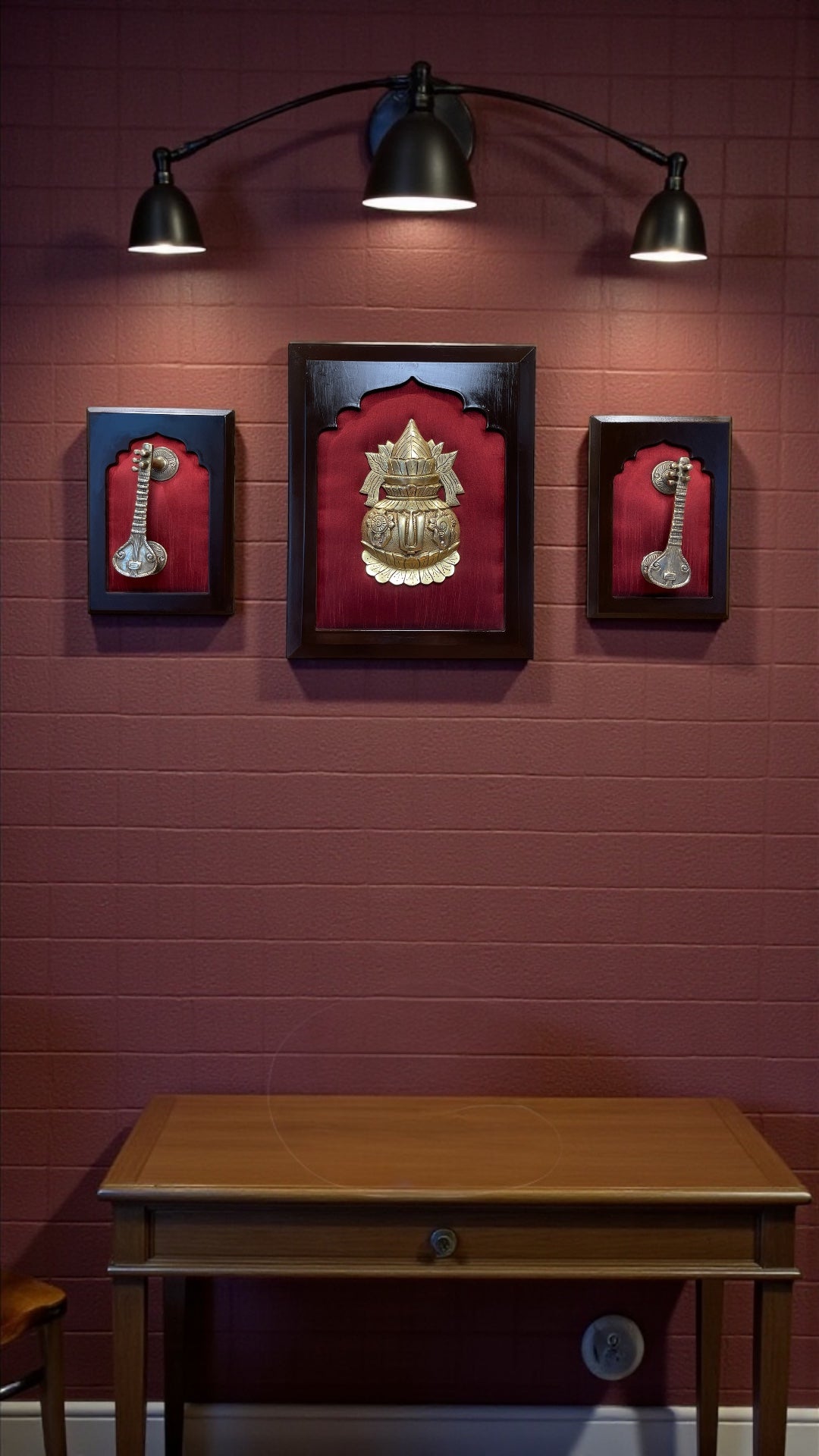 Brass Kalash with Twin Veena on Red Silk Backdrop – Auspicious Wall Frame