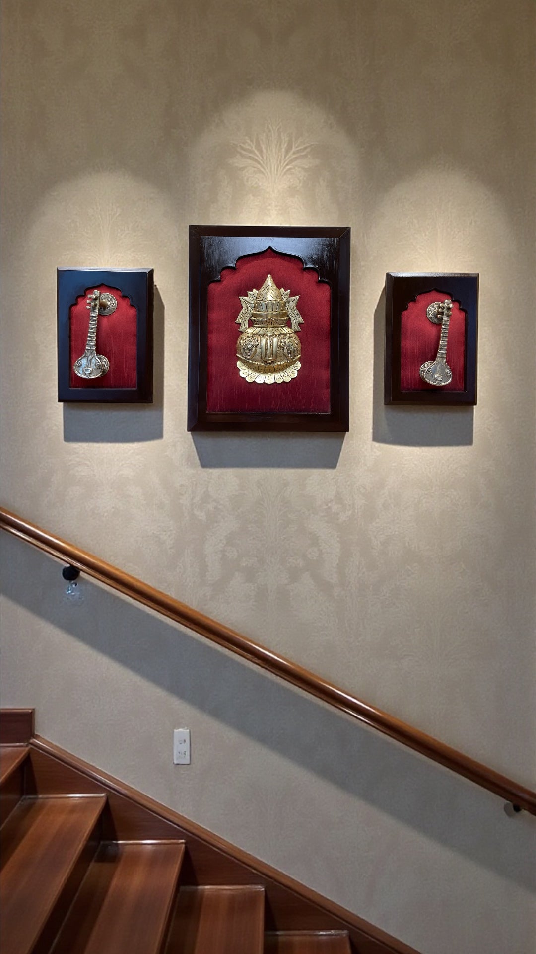 Brass Kalash with Twin Veena on Red Silk Backdrop – Auspicious Wall Frame