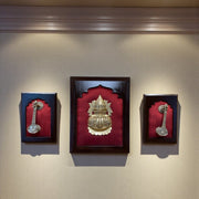 Brass Kalash with Twin Veena on Red Silk Backdrop – Auspicious Wall Frame