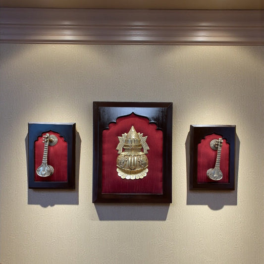 Brass Kalash with Twin Lotus on Red Silk Backdrop – Auspicious Wall Frame