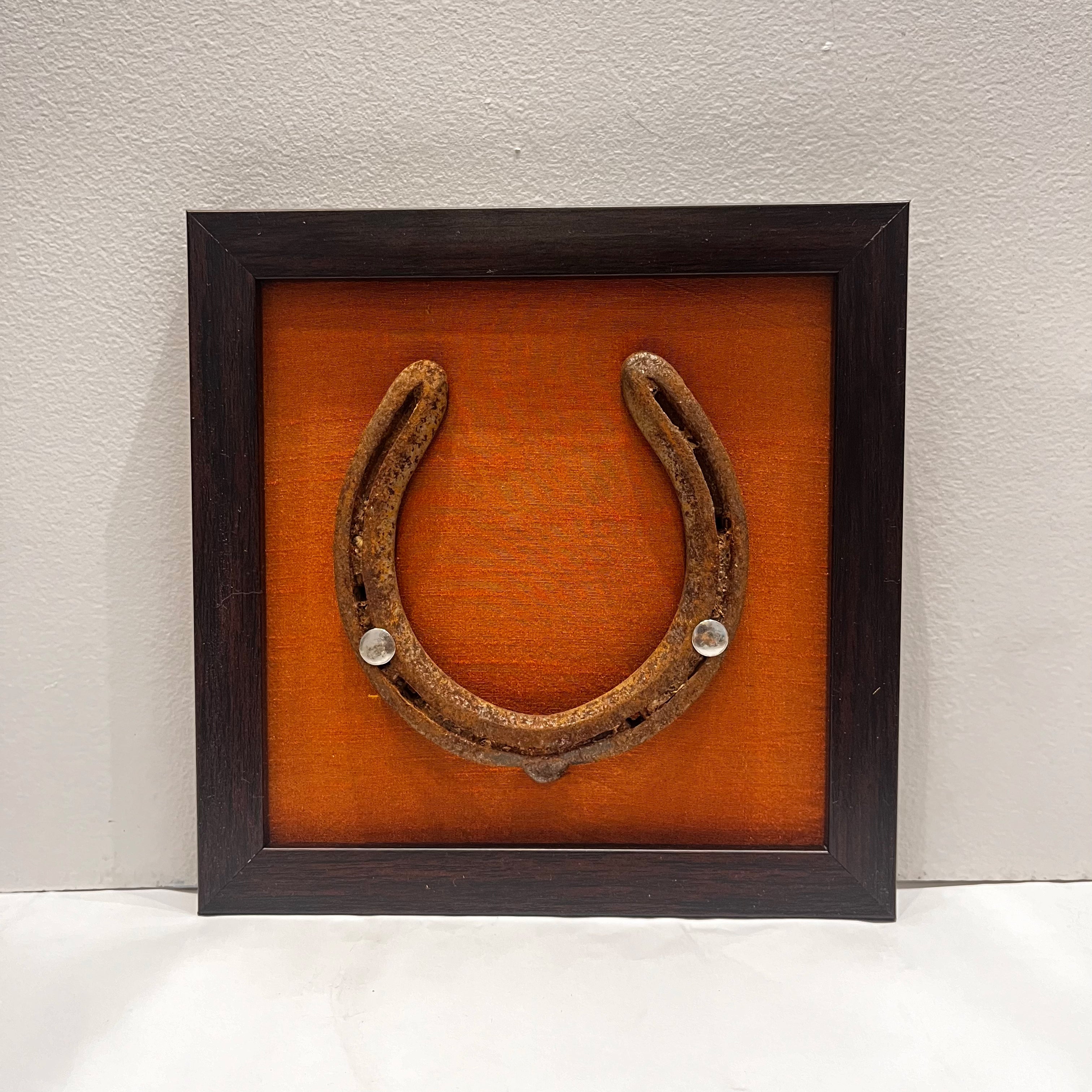 Good Luck Natural Horse Shoe with Orange silk background in Brown Frame