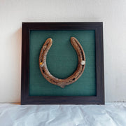 Good Luck Rustic Horse Shoe with Rama Green silk background in Brown frame