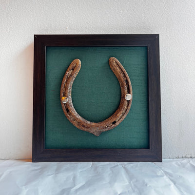 Good Luck Rustic Horse Shoe with Rama Green silk background in Brown frame