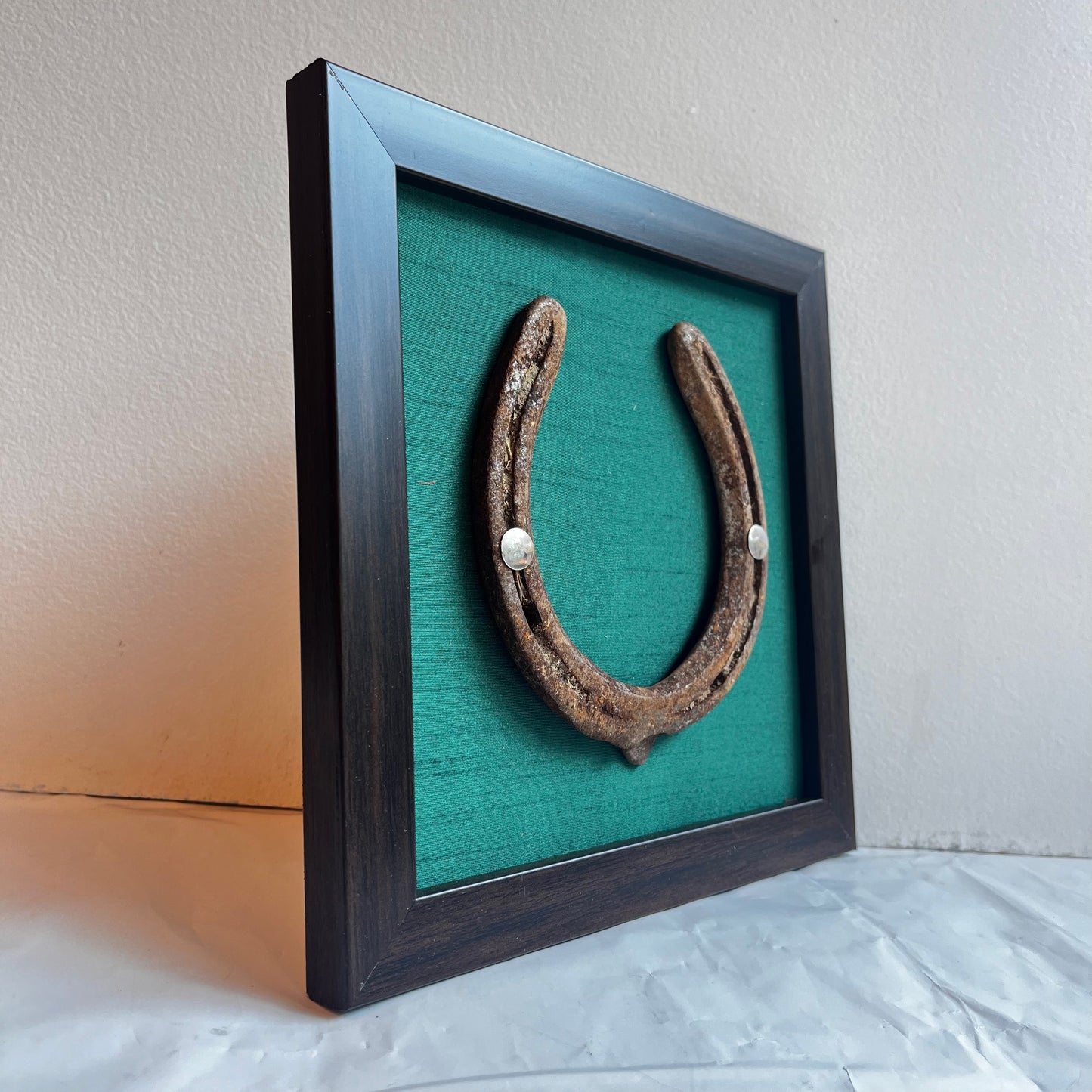 Good Luck Horse Shoe with Rama Green silk background