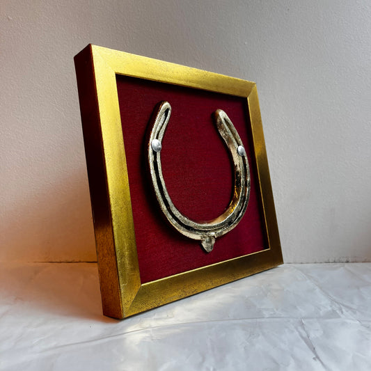 Good Luck Brass Horse Shoe with wine red  silk background