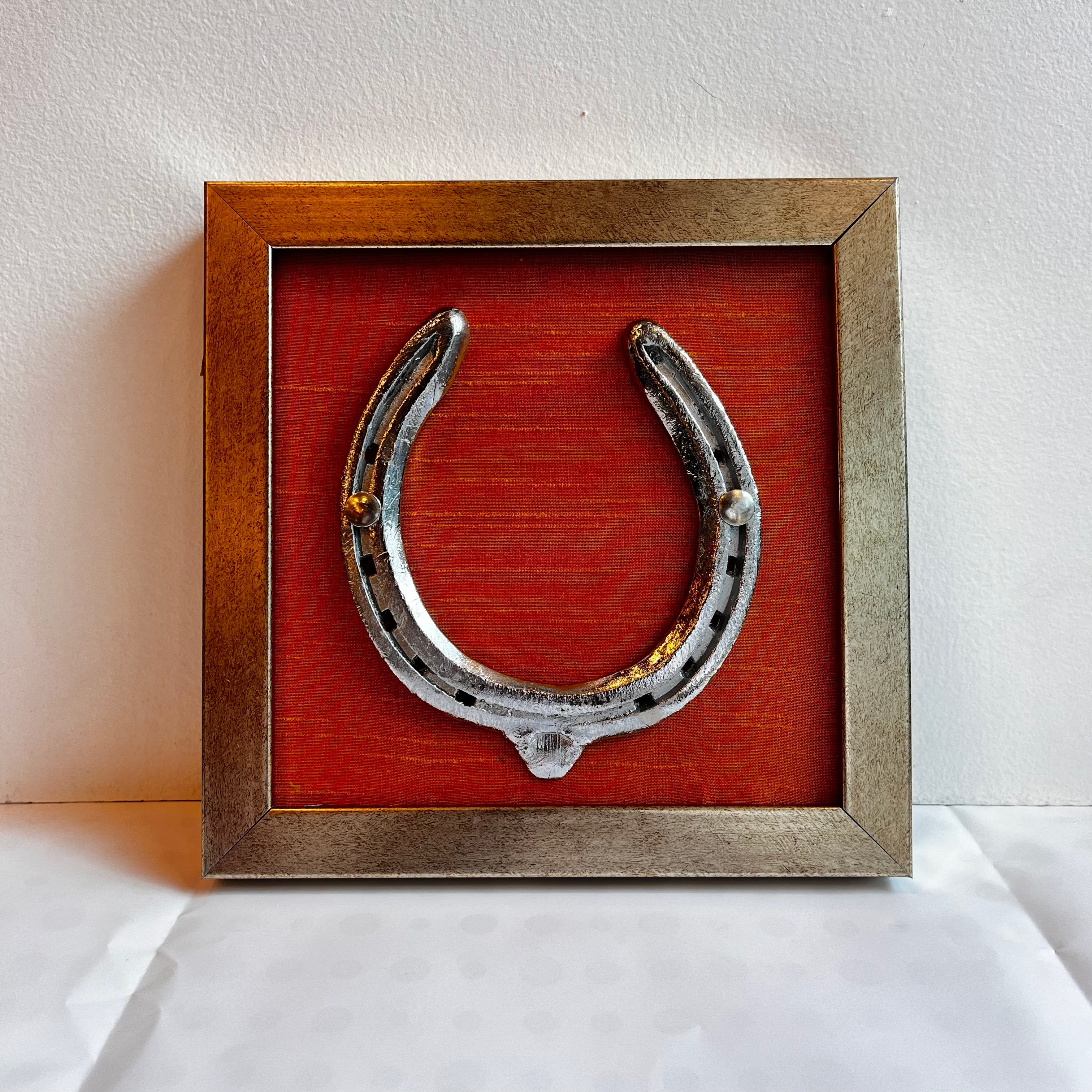 Good Luck silver Horse Shoe with Orange Silk background antique gold frame
