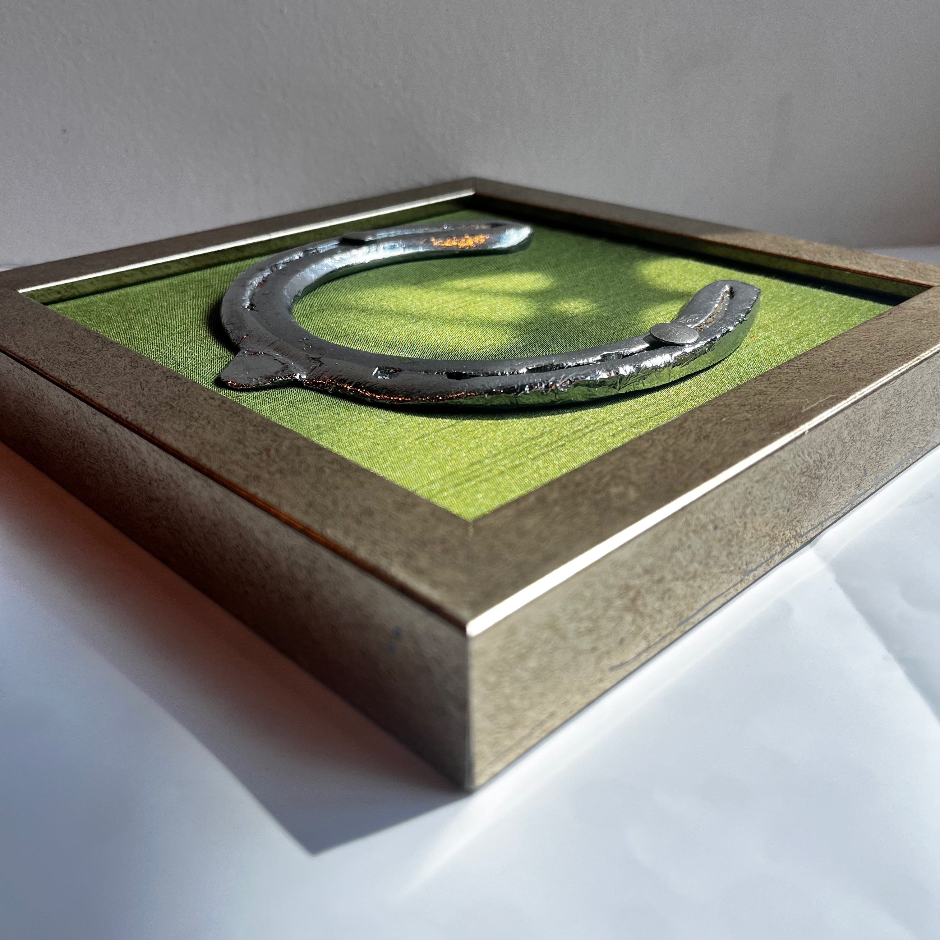 Good Luck Horse Shoe with  Green silk background