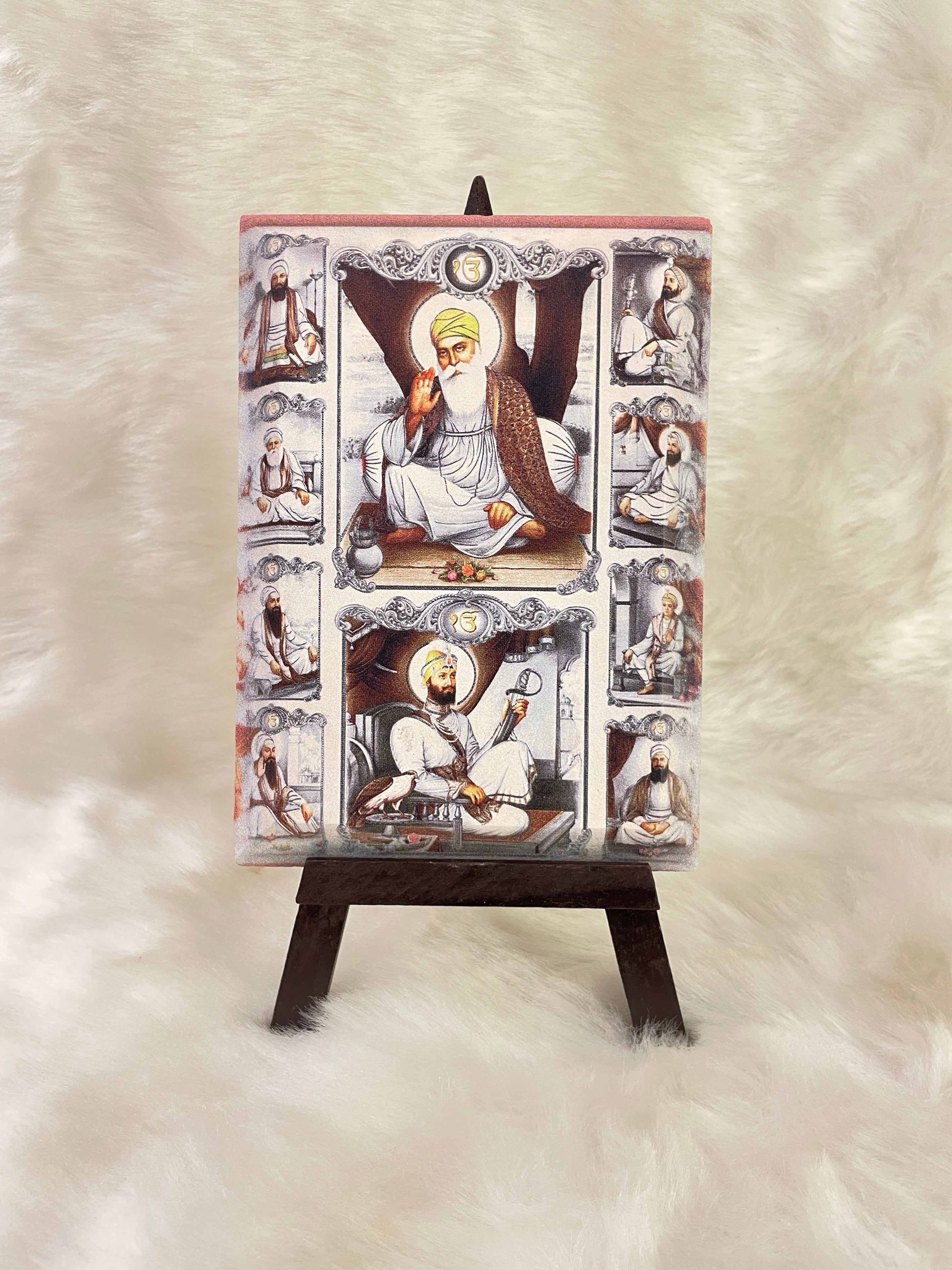 Ten Sikh Gurus on Sandstone with wooden stand