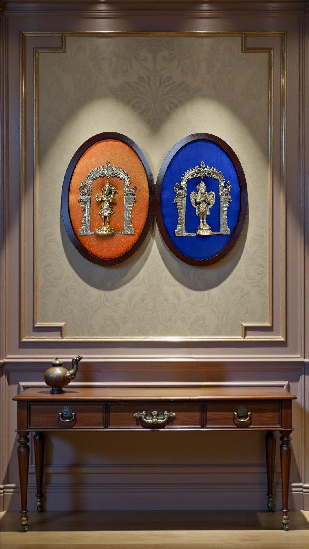 Brass Hanuman & Garuda Wall Art Frame with Silk Backdrop