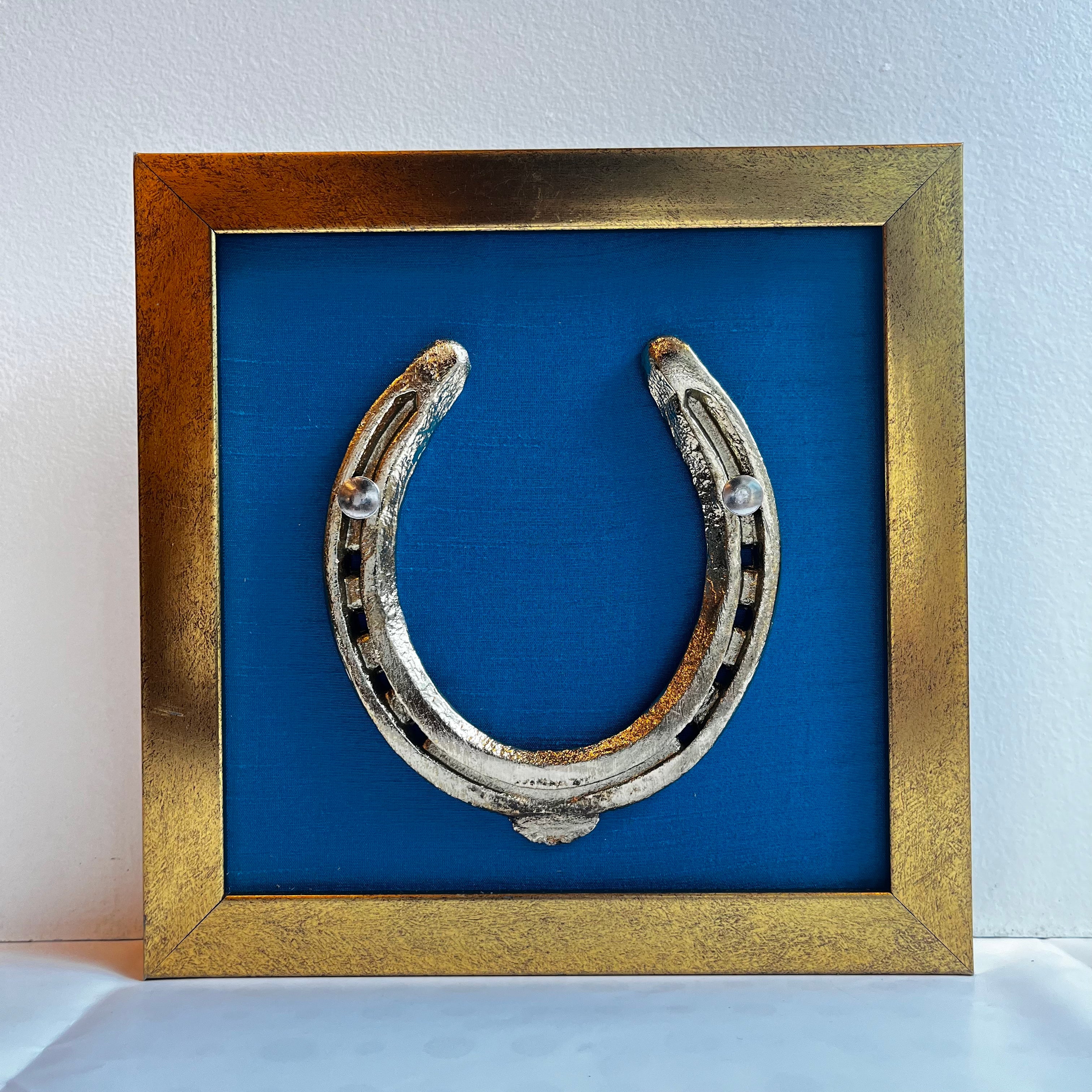 Good Luck Siver Horse Shoe with Blue silk background antique gold frame