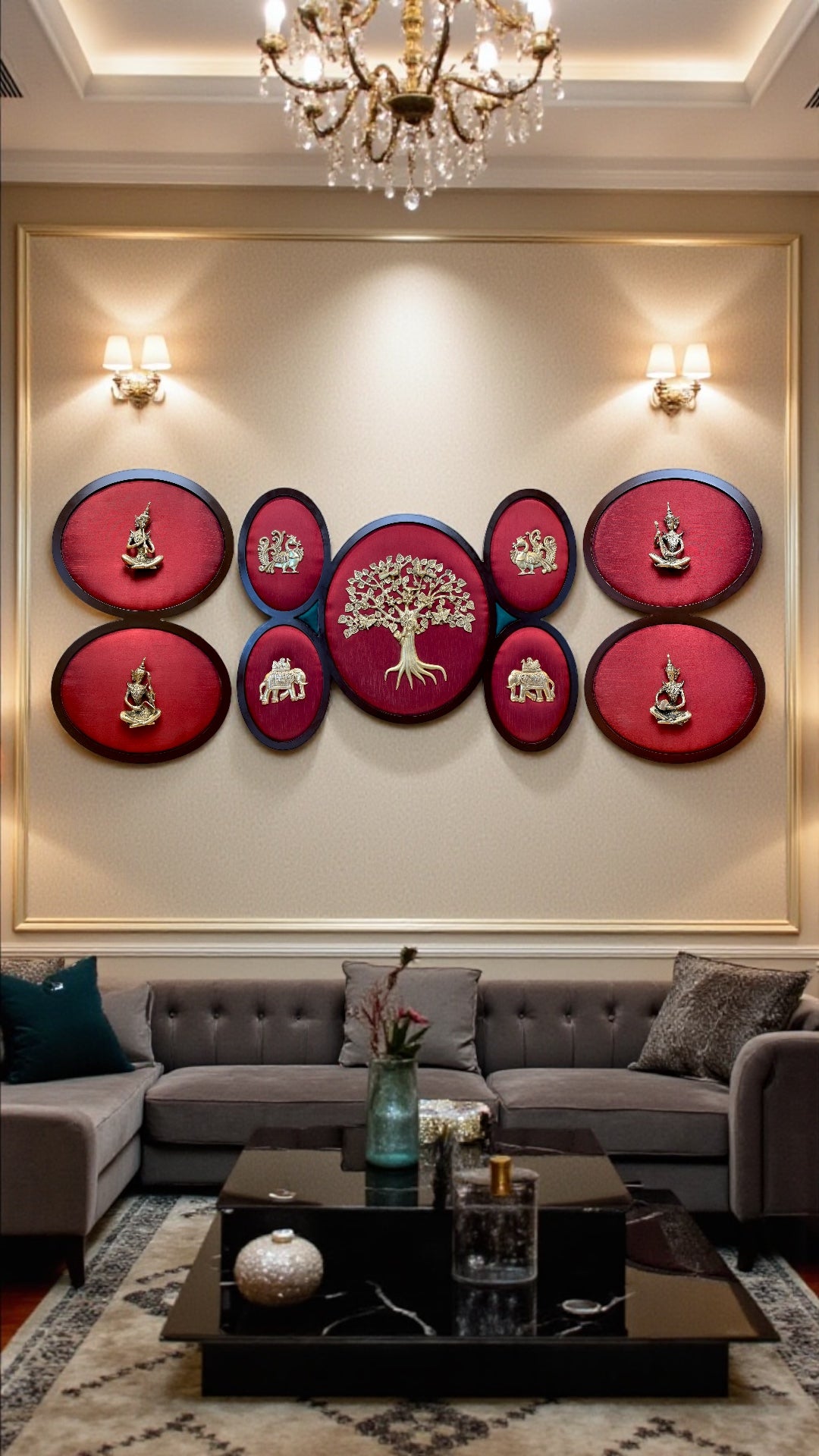 Brass Kalpavriksha Wall Art Set with 4 Musicians & 5 Elements | Luxury Living Room Wall Décor | Premium Brass Statement Art