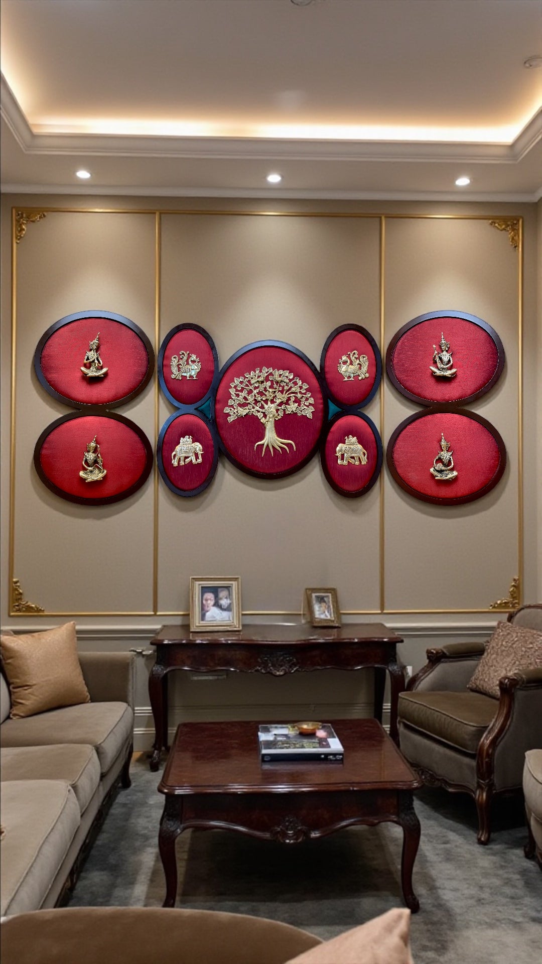 Brass Kalpavriksha Wall Art Set with 4 Musicians & 5 Elements | Luxury Living Room Wall Décor | Premium Brass Statement Art