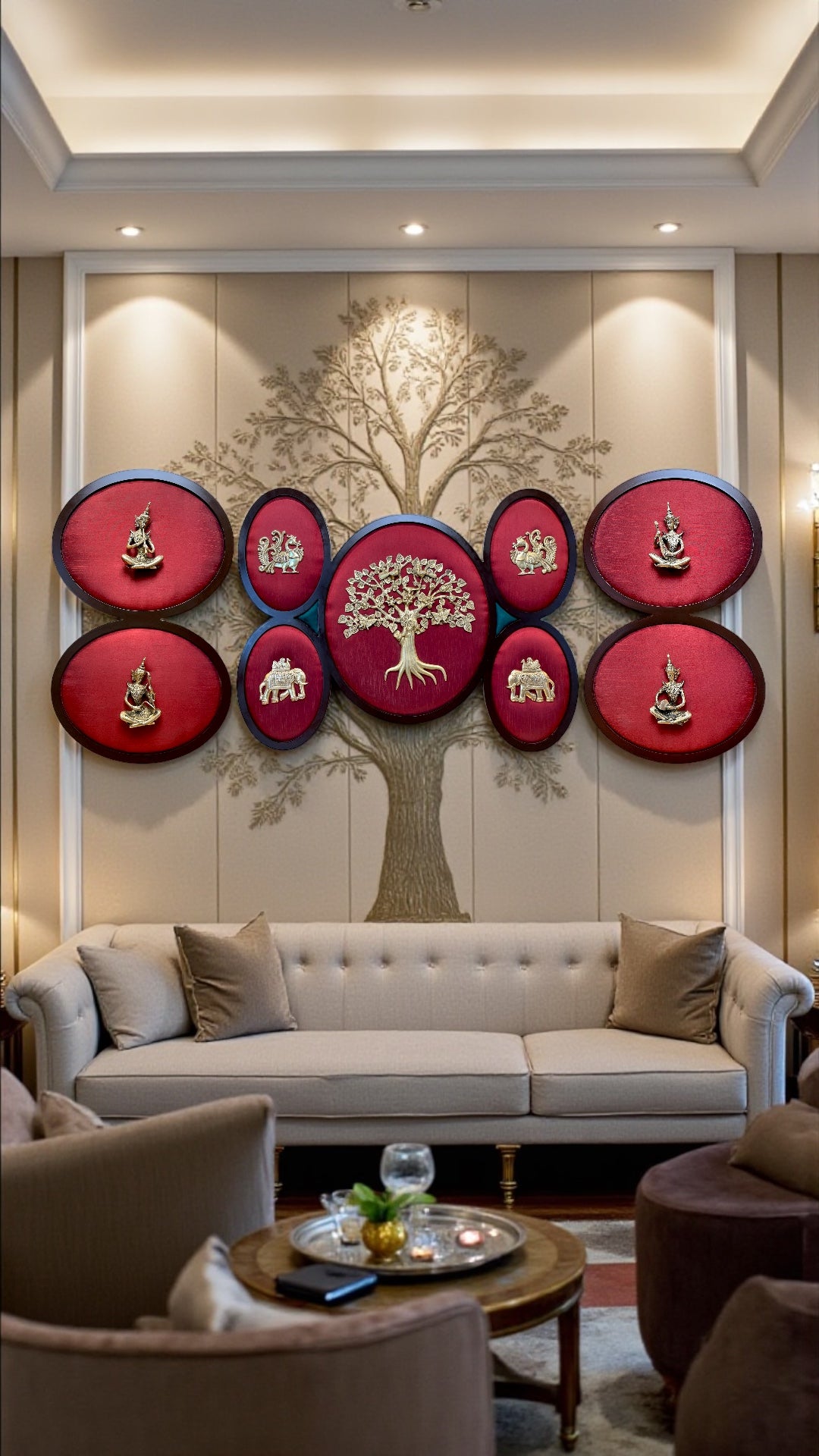 Brass Kalpavriksha Wall Art Set with 4 Musicians & 5 Elements | Luxury Living Room Wall Décor | Premium Brass Statement Art