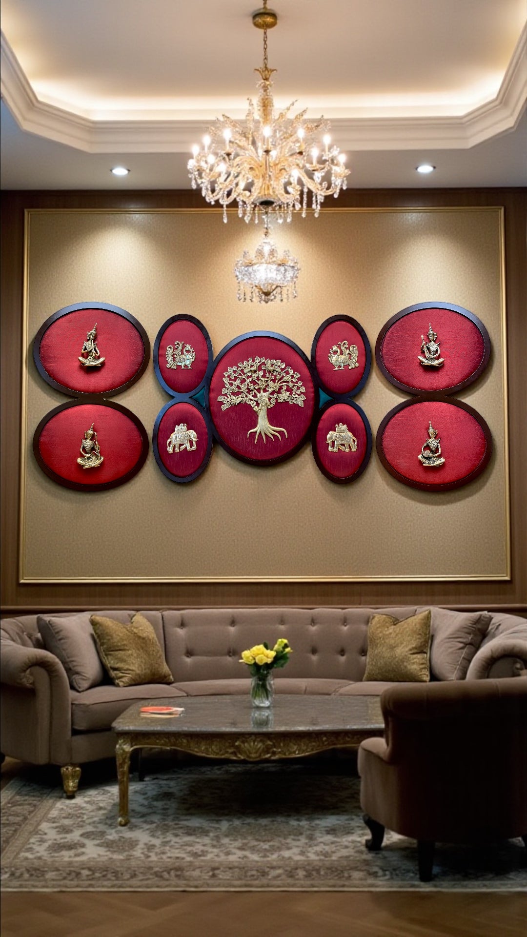 Brass Kalpavriksha Wall Art Set with 4 Musicians & 5 Elements | Luxury Living Room Wall Décor | Premium Brass Statement Art