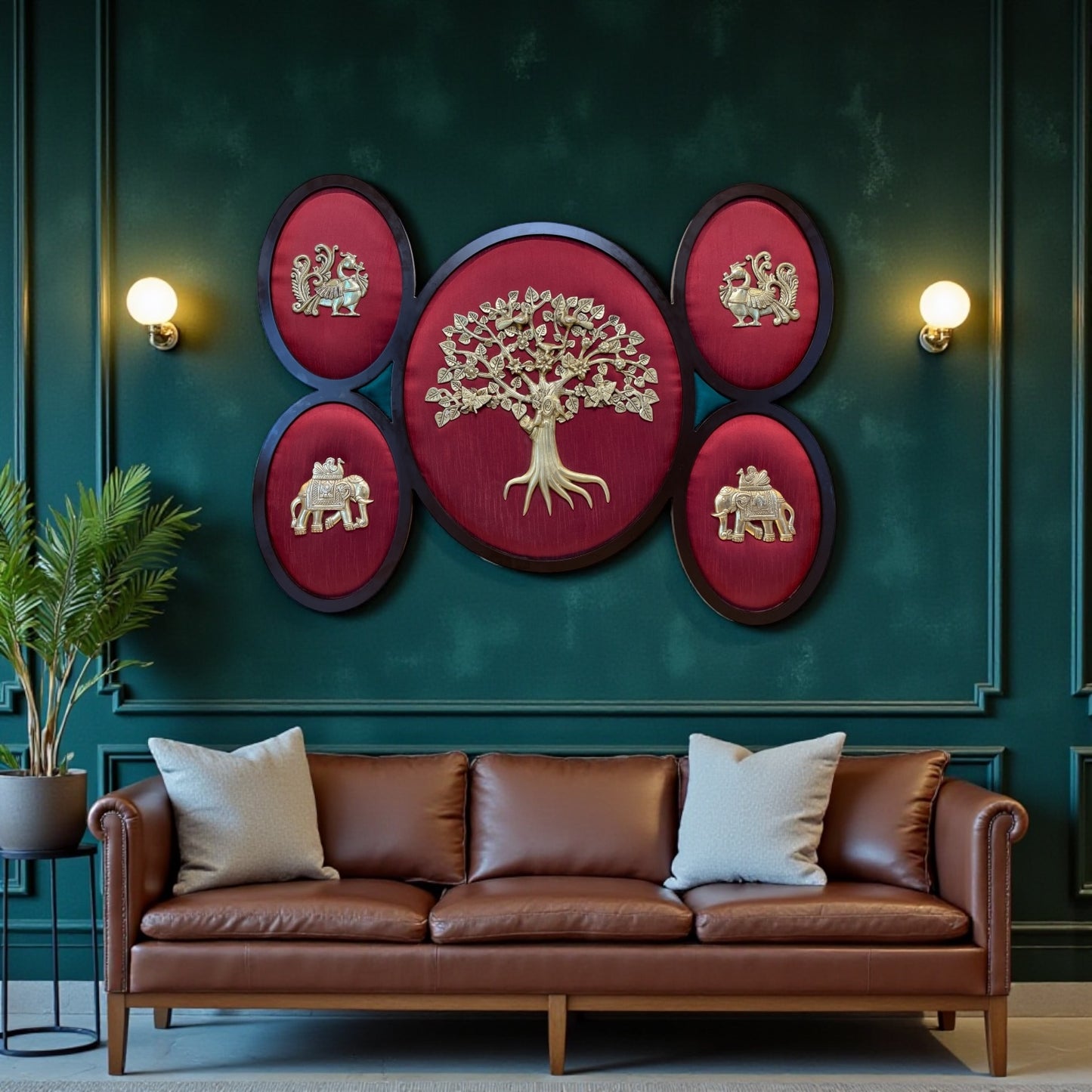 Brass Tree of Life Wall Art with 5 Auspicious Brass Motifs | Red Silk Backdrop Wooden Frame Décor