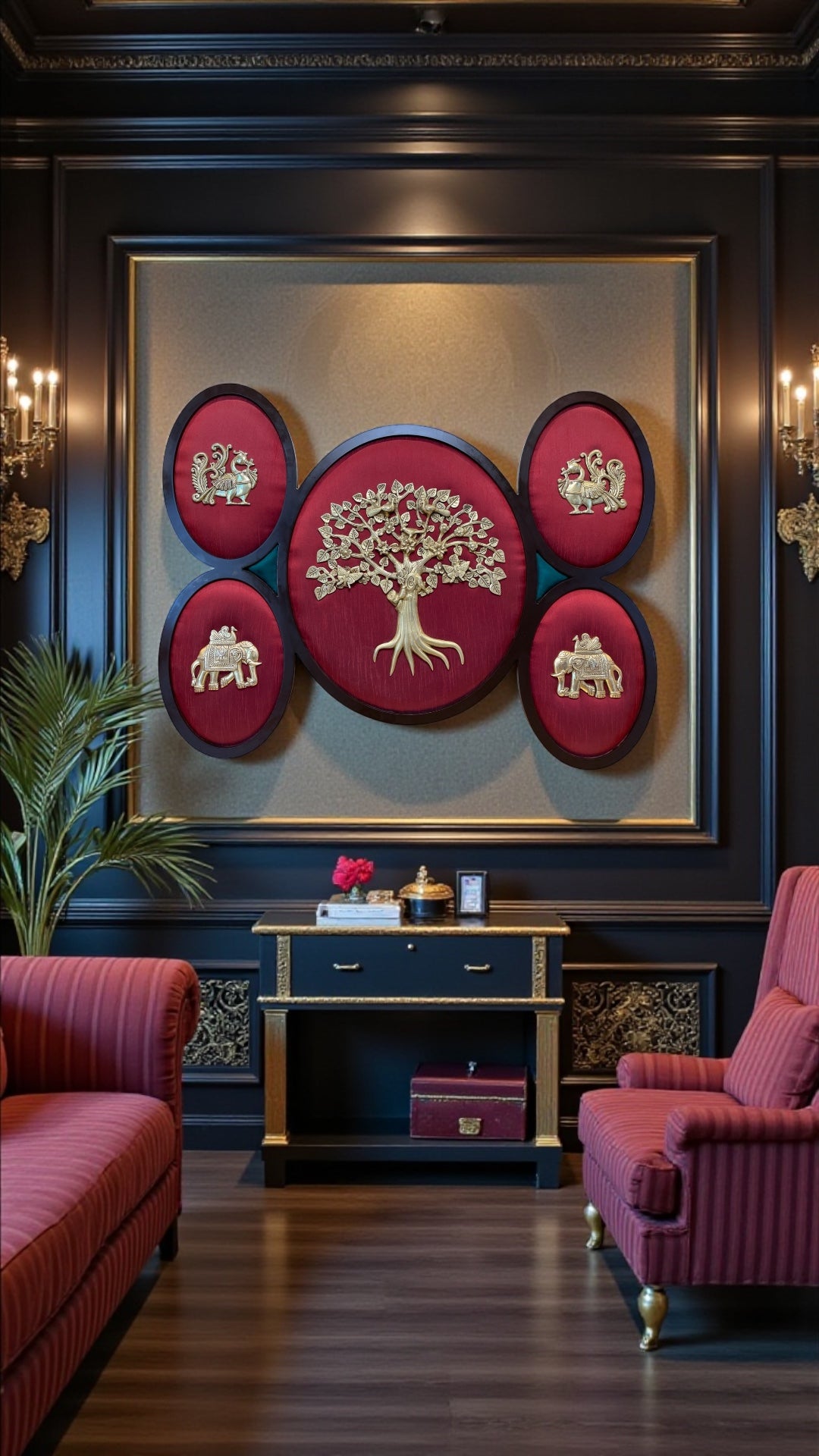 Brass Tree of Life Wall Art with 5 Auspicious Brass Motifs | Red Silk Backdrop Wooden Frame Décor