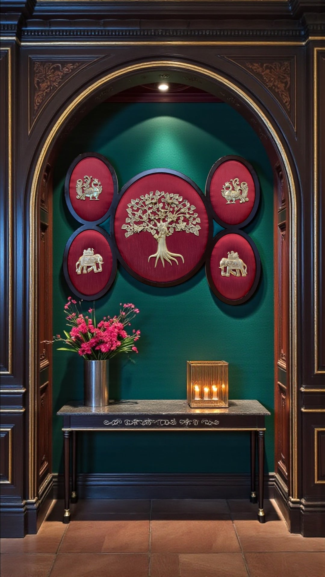 Brass Tree of Life Wall Art with 5 Auspicious Brass Motifs | Red Silk Backdrop Wooden Frame Décor