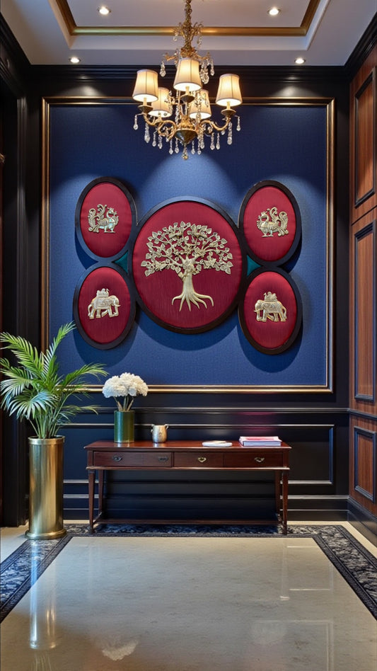Brass Tree of Life Wall Art with 5 Auspicious Brass Motifs | Red Silk Backdrop Wooden Frame Décor