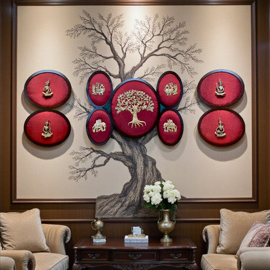 Brass Kalpavriksha Wall Art Set with 4 Musicians & 5 Elements | Luxury Living Room Wall Décor | Premium Brass Statement Art