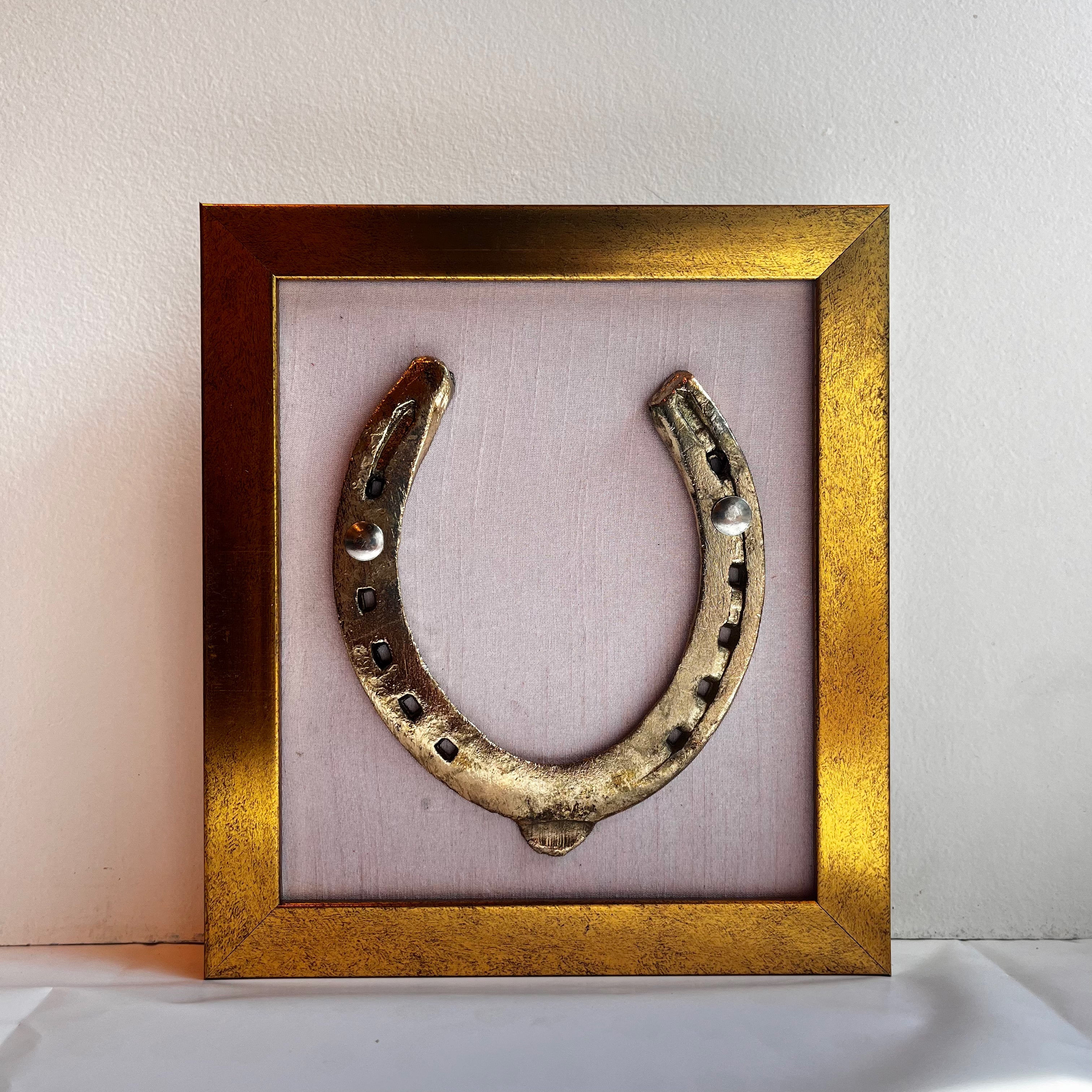 Brass Good Luck Horse Shoe with Lavender silk background in Gold frame