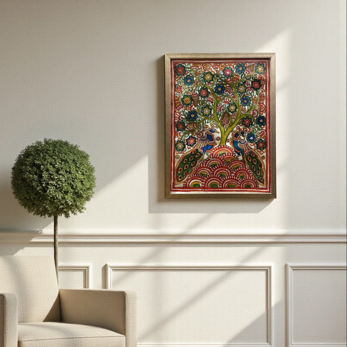 Authentic Handpainted Three Peacock beside flowers with Resin Frame