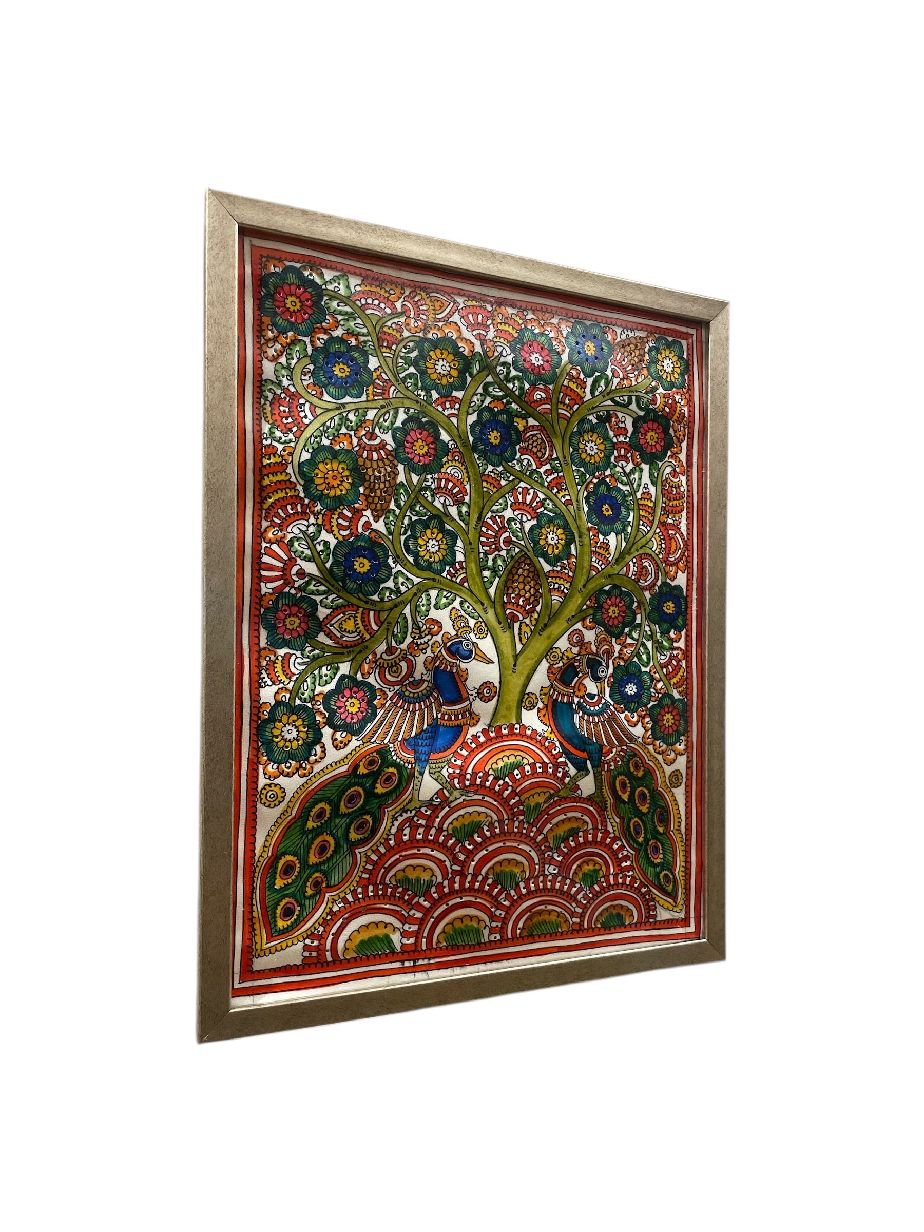 Authentic Handpainted Three Peacock beside flowers with Resin Frame
